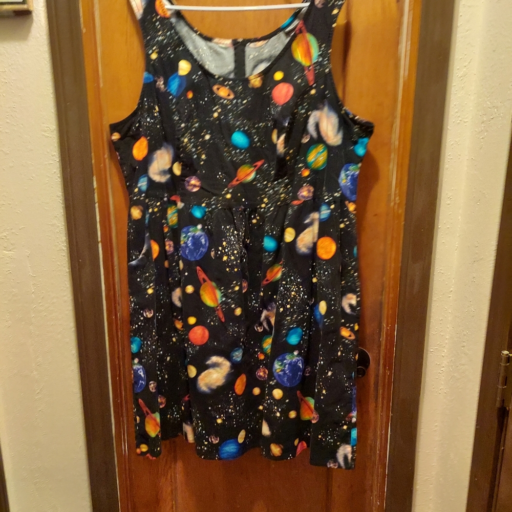 Galactic print fit and flare dress